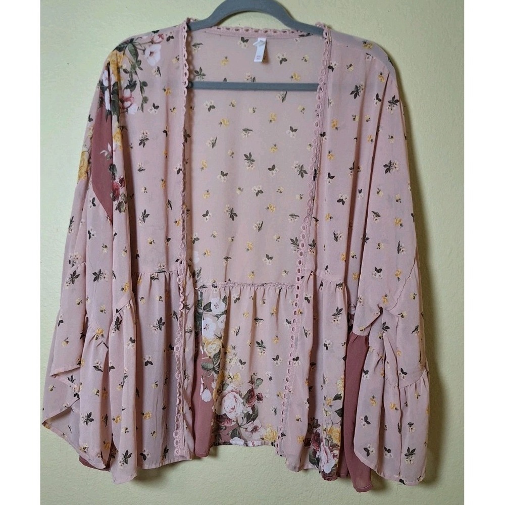 Kimono Shrug 2XL Sheer Chiffon Pink‎ Floral Short Duster Boho Cottagecore